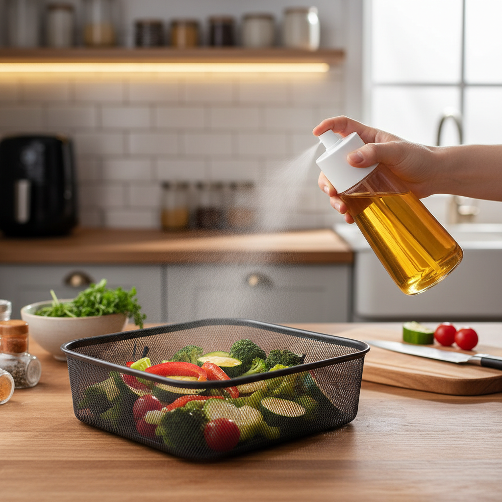 Cooking oil spray bottle spraying over air fryer basket with vegetables