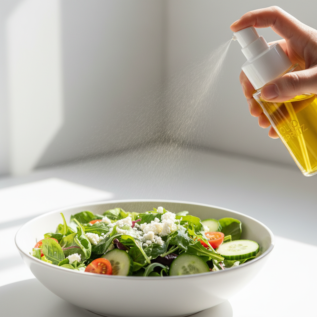 Cooking oil spray bottle misting over a fresh green salad