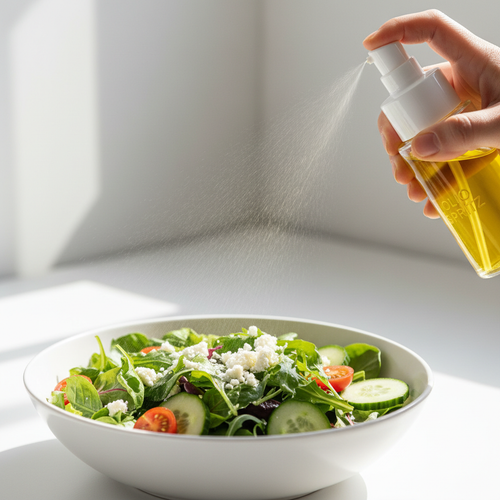 Cooking oil spray bottle misting over a fresh green salad